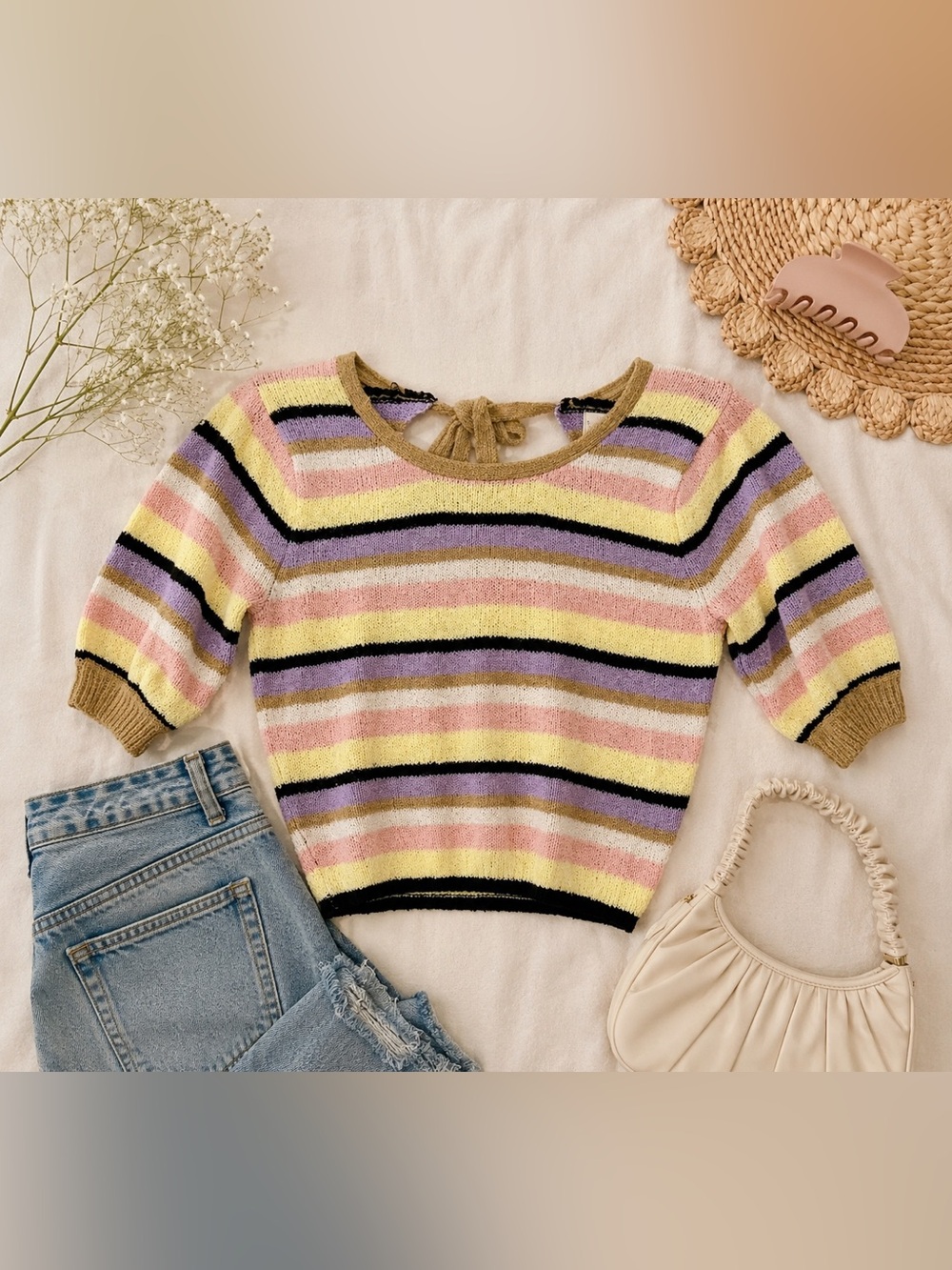 Saltwater Luxe Multicolor Stripe Knit Tie Back Sweater Top Size Small NWT